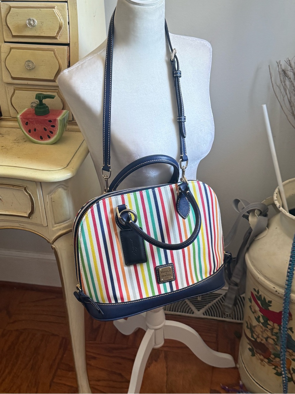 Like New Vintage Dooney &Bourke “Catalina” Striped Satchel with Navy Trim - Picture 14 of 15